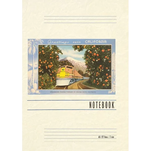 Vintage Lined Notebook Greetings from California, Train through Orange Groves